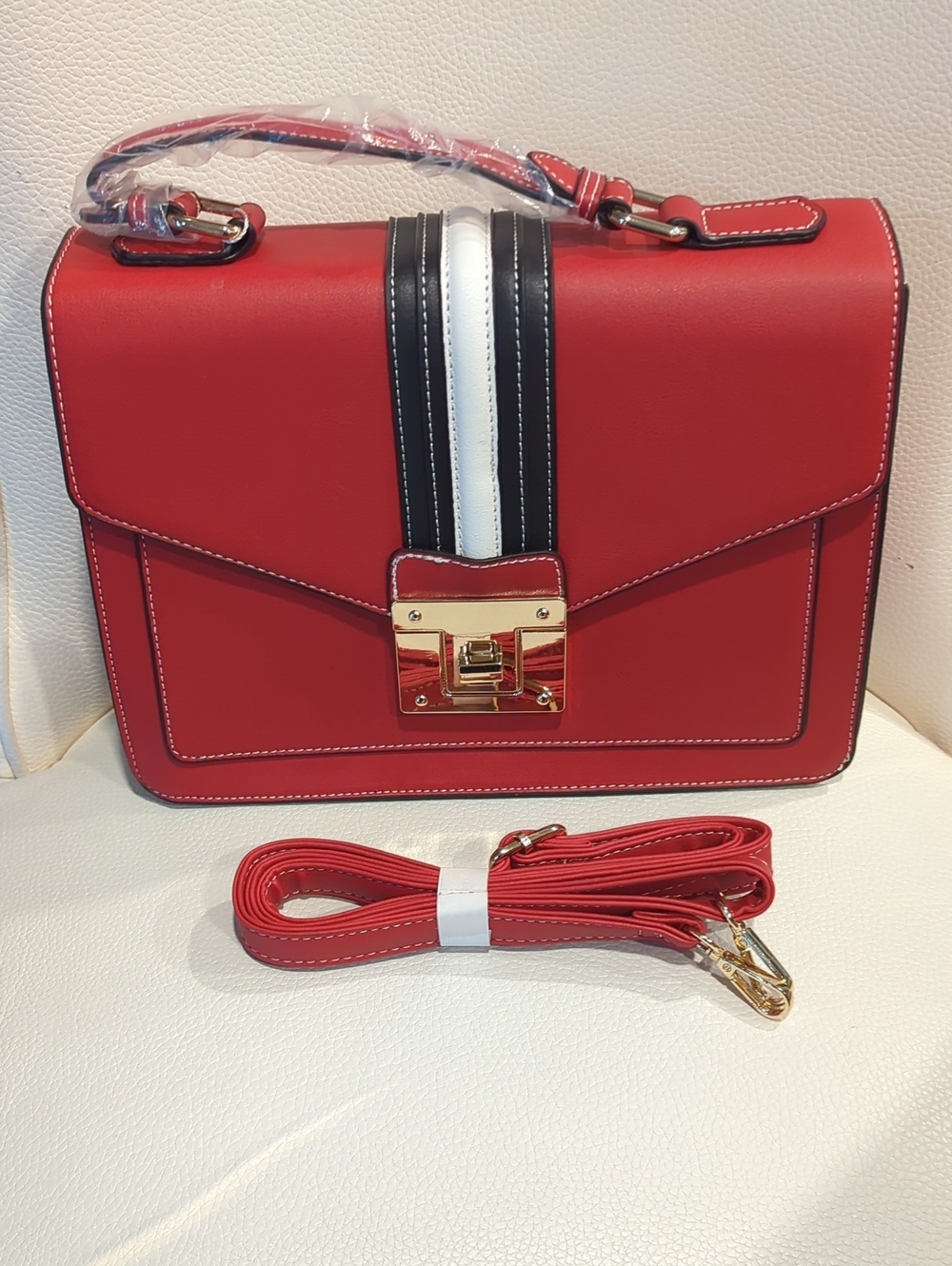 Red Structured Crossbody Bag with Gold Lock